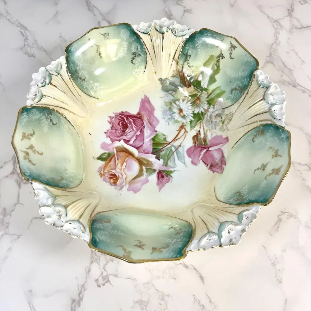 Antique R.S. Prussia Serving Bowl Roses Teal Panels Gold Gilt RED MARK (c. 1900)